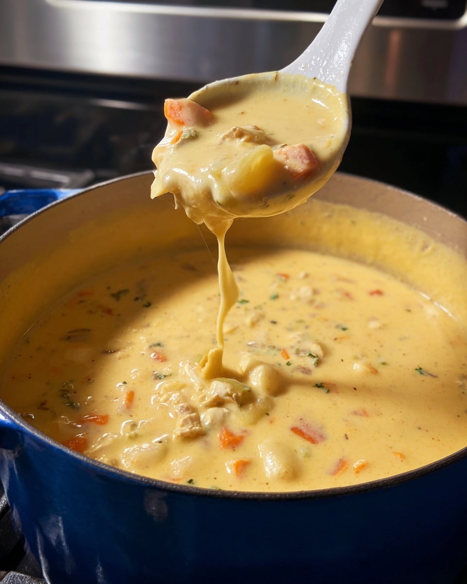 A close-up shows a thick creamy yellow soup with chunks of light beige pieces and small bits of orange and green vegetables, held in a blue pot. A white spoon lifts a portion of the soup, revealing its smooth texture with visible soft pieces and a string of soup dripping back into the pot. The pot sits against a shiny steel stove and a white marbled surface is visible behind. photo taken with an iphone --ar 4:5 --v 7