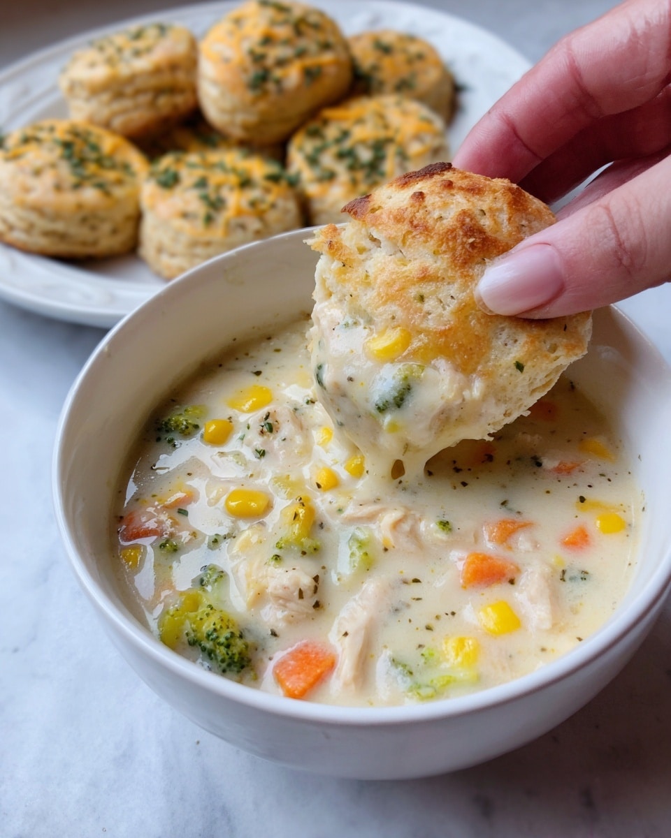 A white bowl filled with creamy chicken and vegetable soup showing visible chunks of yellow corn, green beans, broccoli, carrots, and white chicken pieces in a thick light beige broth. On top of the soup, a single golden-brown biscuit sprinkled with herbs is placed, with a rough, textured surface. In the blurred background, a white plate holds several more golden biscuits, all on a white marbled surface. Photo taken with an iphone --ar 4:5 --v 7