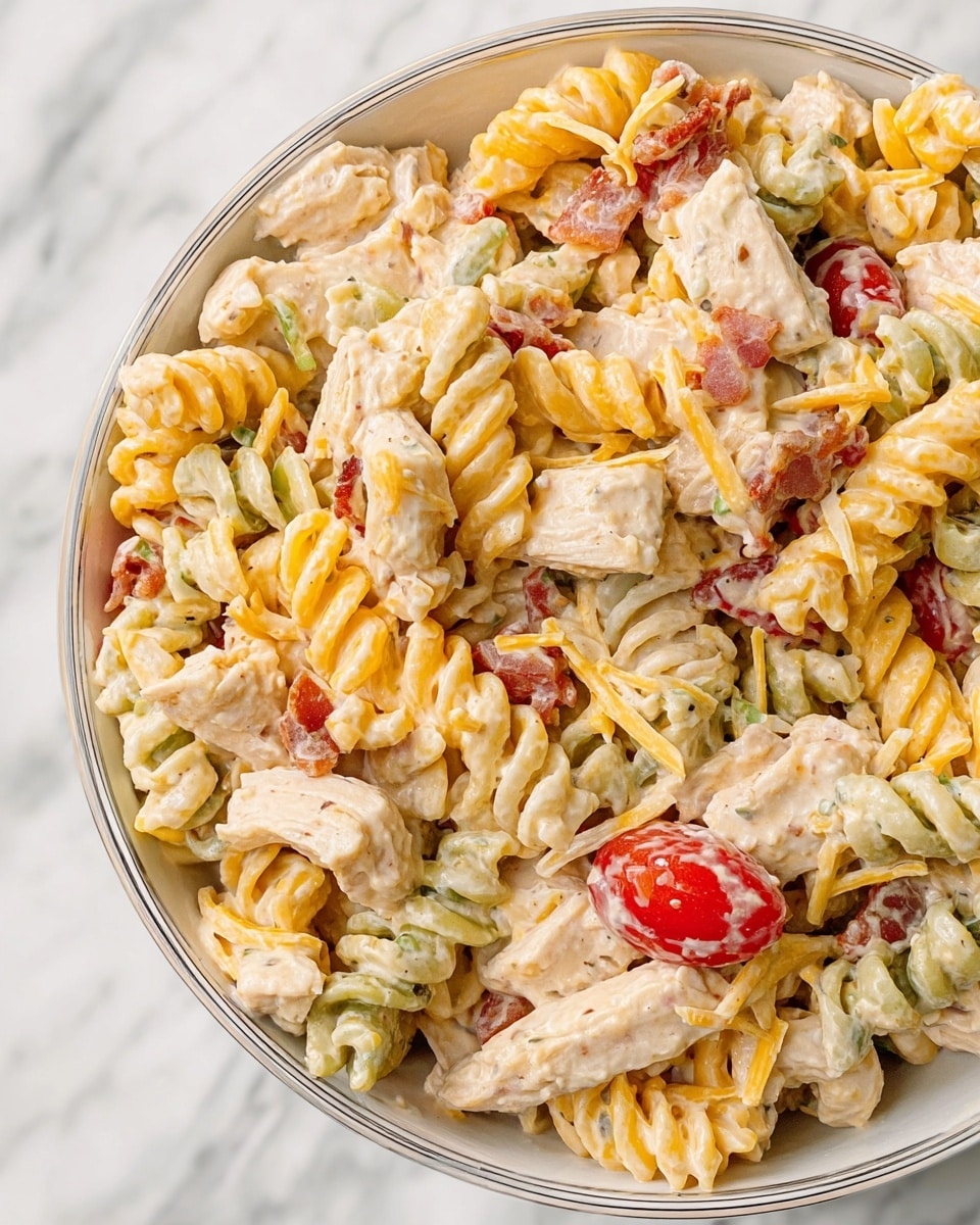 The image shows a close-up view of a creamy pasta salad in a white bowl. The salad has three layers of twisted rotini pasta in white, orange, and green colors, mixed with chunks of white cooked chicken and pieces of light brown bacon. Bright red grape tomatoes are scattered throughout, along with small shreds of pale yellow cheddar cheese. The creamy dressing coats all ingredients evenly, giving a smooth, slightly shiny texture. The bowl sits on a white marbled surface. Photo taken with an iphone --ar 4:5 --v 7