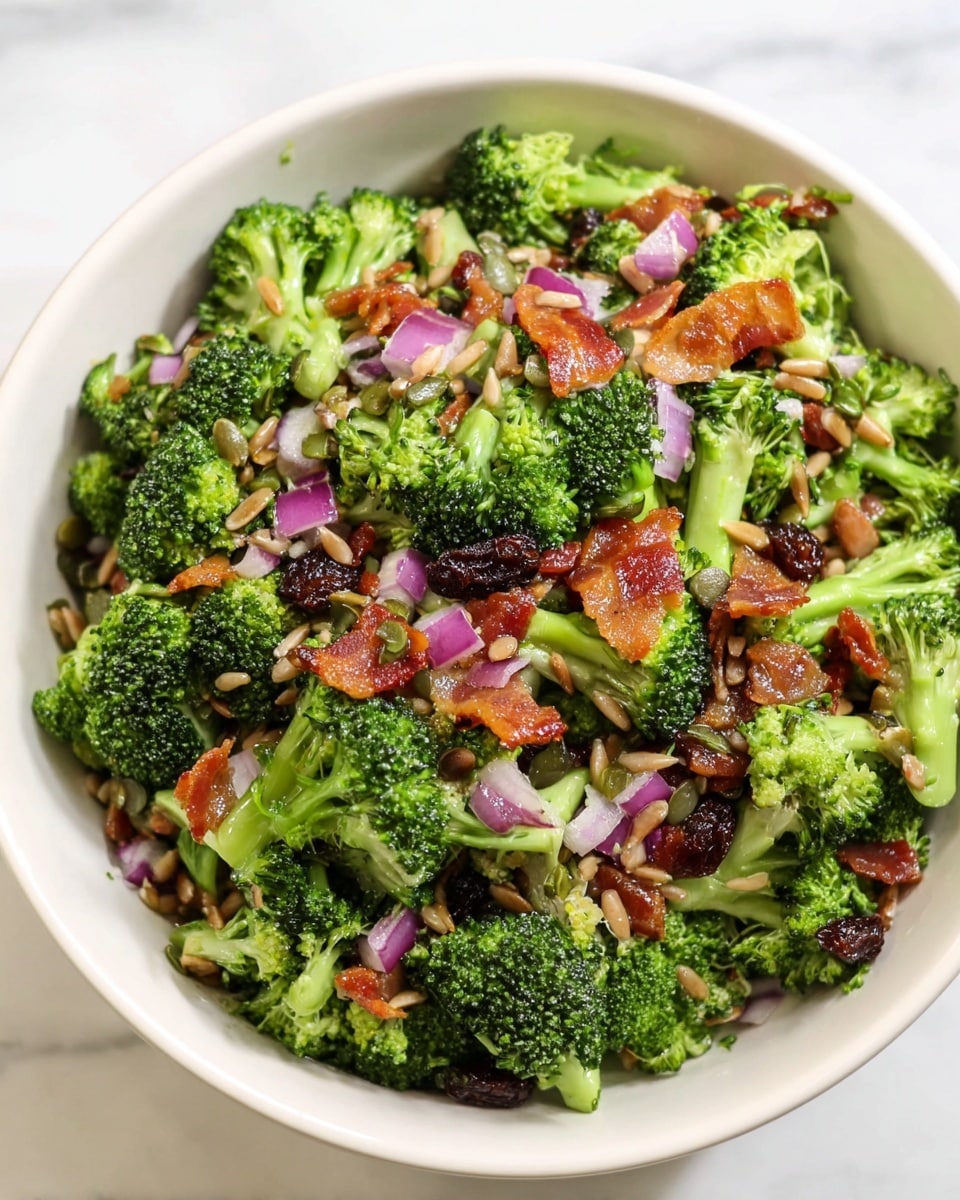 A close-up view of a spoon holding a fresh broccoli salad with visible three layers: bright green broccoli florets with a slight shine, small chunks of light pink and white onion, and shiny brown bacon bits. There are also small pale beige sunflower seeds scattered throughout, all mixed together showing a wet, glossy texture. The background is blurred but filled with more green broccoli pieces on a white marbled surface. Photo taken with an iphone --ar 4:5 --v 7