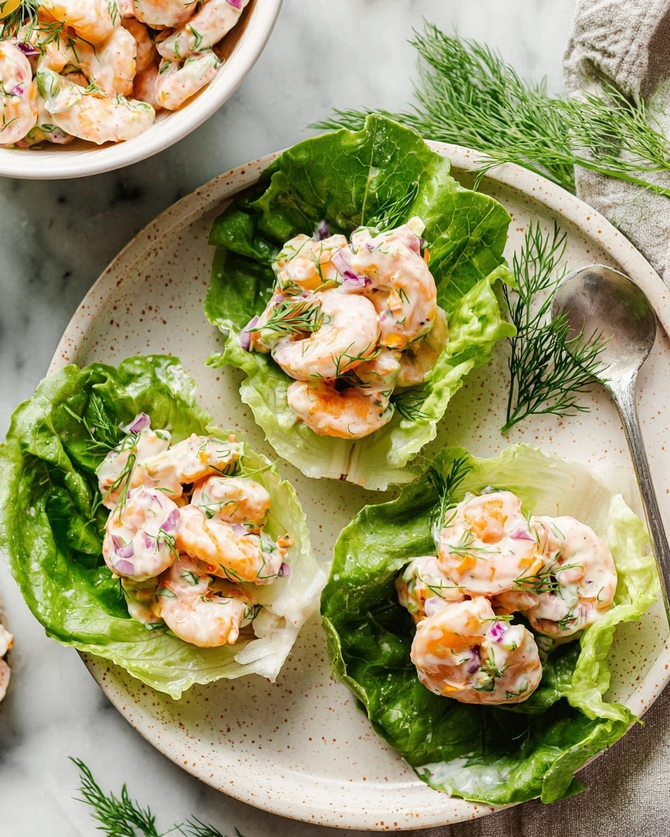 The image shows three lettuce cups on a light beige plate with tiny speckles, each cup filled with around five shrimp coated in a creamy light pink sauce with small bits of red onion, cucumber, and dill mixed in. The shrimp are pale orange with a smooth texture, arranged on top of bright green, crinkled lettuce leaves. Some fresh dill sprigs are placed beside the plate on a white marbled surface. At the top edge of the image, there is a glimpse of another dish with more shrimp in a white bowl and a spoon resting on the bowl's edge. The overall look is fresh and clean, with soft natural lighting. photo taken with an iphone --ar 4:5 --v 7
