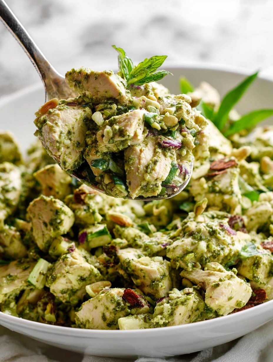 The image shows a white bowl filled with a salad made of many small, cubed pieces layered with a green pesto-like sauce, giving the dish a mostly green color with hints of yellow. The salad also has small chunks of light green celery and diced purple onions scattered throughout, adding texture and color contrast. There are toasted pine nuts sprinkled on the top, along with thin shavings of light yellow cheese. Fresh dark green basil leaves garnish one side of the bowl, which rests on a white marbled surface, accompanied by a small white bowl of coarse salt. A silver spoon is placed inside the bowl on the right side, partially buried under the salad. photo taken with an iphone --ar 4:5 --v 7