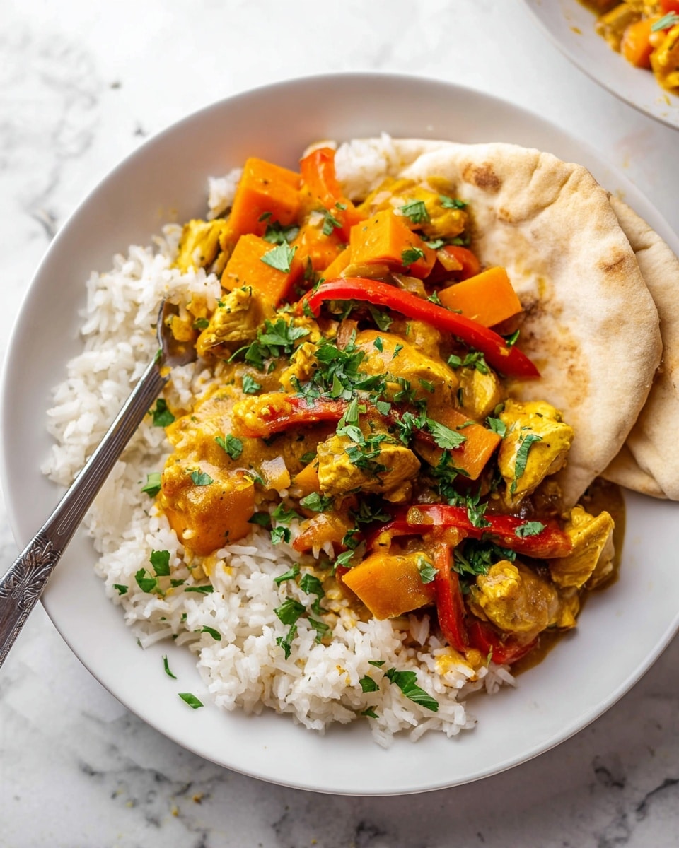 A white plate holds three layers: the bottom layer is soft cooked white rice, fluffy with some grains sticking up; the middle layer is a colorful curry with chunks of orange sweet potato, reddish-orange bell pepper strips, and tender brown chicken pieces coated in a thick yellow-orange sauce; the top layer is fresh chopped green herbs sprinkled evenly for a fresh look. A piece of pale flatbread is folded and placed on the side of the plate, resting partly on the rice and curry. A silver fork with a long handle lies on the left side, resting on the rice, and the whole plate sits on a white marbled surface. photo taken with an iphone --ar 4:5 --v 7
