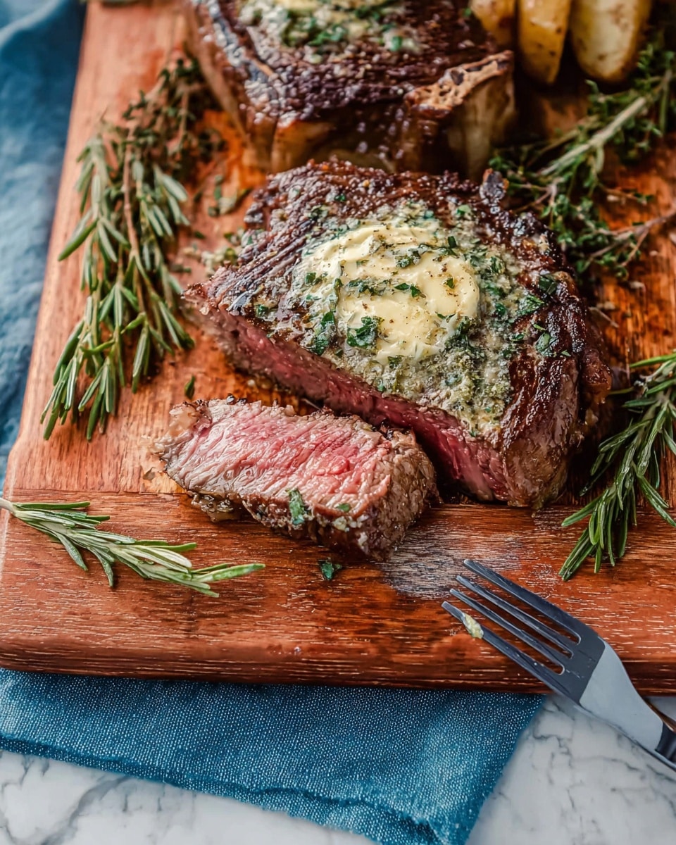 A thick steak lies on a wooden board with a textured dark brown crust on the outside and a pink center visible where a piece is cut off, showing a juicy and tender inside; melted herb butter is placed on top of the steak, with green herbs sprinkled around and a metal fork piercing the cut piece; fresh rosemary sprigs are placed on the wooden board as decoration, and a blue cloth is partially visible under the board, all set on a white marbled surface photo taken with an iphone --ar 4:5 --v 7