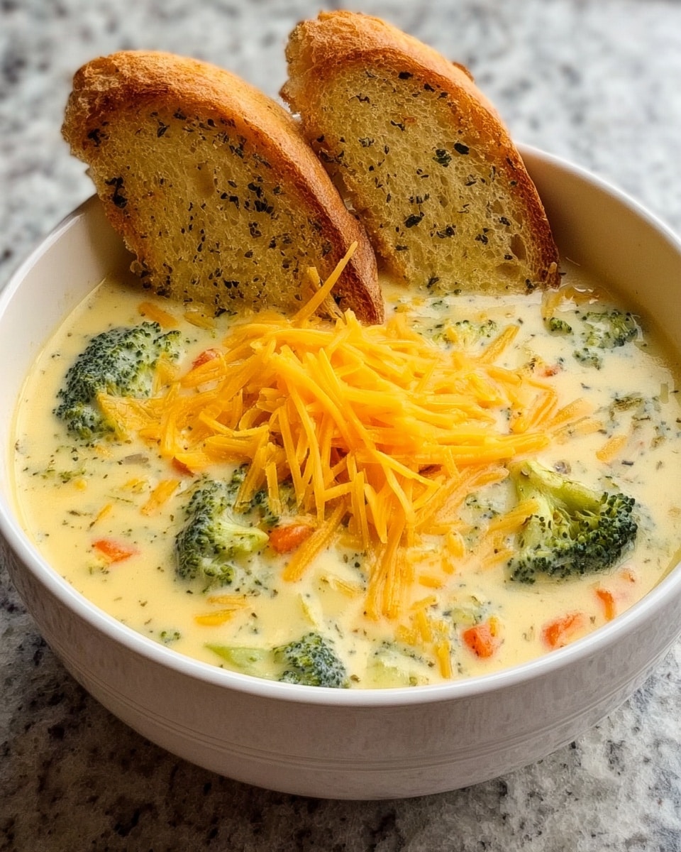 A white bowl filled with creamy yellow cheese soup that has visible small pieces of green broccoli and thin orange carrot strips mixed throughout. A woman's hand holds a round, lightly toasted bread slice dipped halfway into the thick soup, with a large broccoli piece covered in cheese sauce resting on top. The bowl sits on a white marbled surface. photo taken with an iphone --ar 4:5 --v 7
