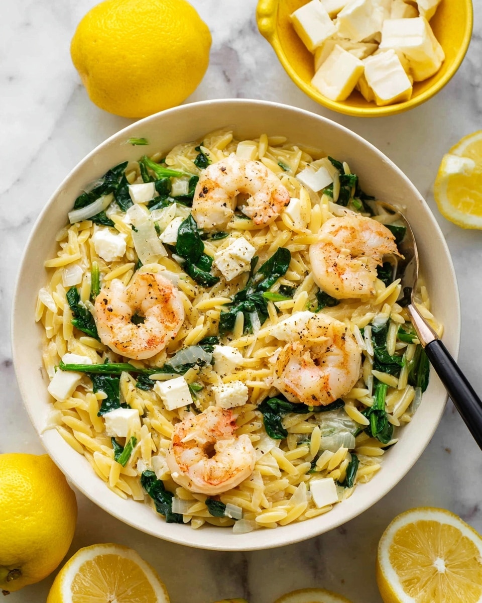 A close-up view of a white bowl filled with a dish made of yellow orzo pasta, light pink shrimp with black pepper specks, and bright green spinach leaves. There are small white cheese cubes scattered throughout, mixed with translucent cooked onion pieces. A wooden spoon resting on the bowl scoops some of the orzo, shrimp, spinach, cheese, and onions, showing their textures clearly. The bowl sits on a white marbled surface with a yellow cloth partially visible near the bottom. The photo taken with an iphone --ar 4:5 --v 7