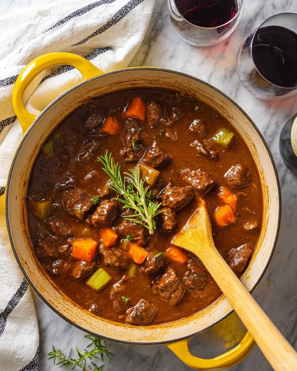 A yellow pot filled with thick brown stew that has chunks of dark brown meat, orange carrot pieces, and green celery bits mixed inside. A wooden spatula is resting inside the pot, stirring the stew. On top of the stew near the center, there is a small sprig of fresh green rosemary. The pot is placed on a white marbled surface with a white and black striped cloth near the top left. To the right of the pot, there is a glass of dark red wine and part of a wine bottle visible. Photo taken with an iphone --ar 4:5 --v 7