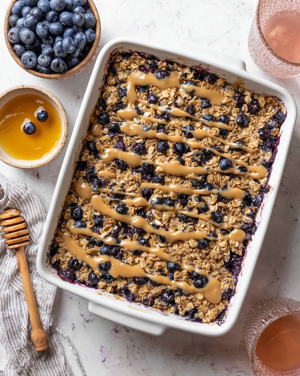 A white rectangular baking dish filled with a baked oatmeal and blueberry dish. The base layer is dark purple from the blueberries mixed in, covered with a thick layer of oats that are light brown and crisp-looking, spread evenly across the top. A drizzle of creamy light brown sauce or nut butter is scattered over the surface in irregular lines. The dish is placed on a white marbled surface with a bowl of fresh blueberries on the upper left, a small bowl of honey with a wooden honey dipper on the lower right, and two ribbed glasses with a light pink liquid in the top right corner. Photo taken with an iphone --ar 4:5 --v 7