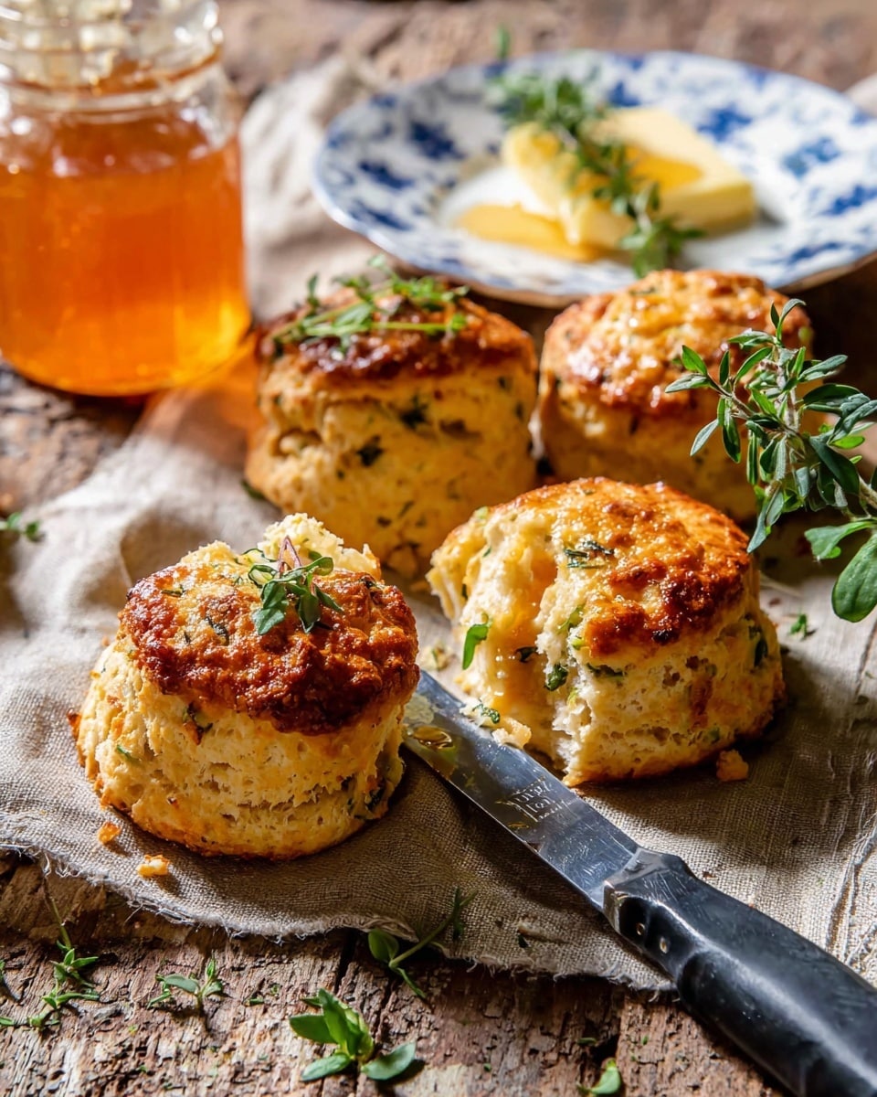 The image shows four golden brown scones with a slightly crispy top and soft, fluffy texture inside. One scone is being lifted by a knife with a black handle, resting on a beige cloth with pieces of green herbs on and around it. The scones have small green herb bits baked inside, and one scone has fresh green herb sprigs on top. In the background, part of a white plate with a blue floral pattern holds a light yellow sauce with green herbs. A glass jar filled with amber-colored syrup is also visible on the left side. The surface is a rustic wooden texture. photo taken with an iphone --ar 4:5 --v 7
