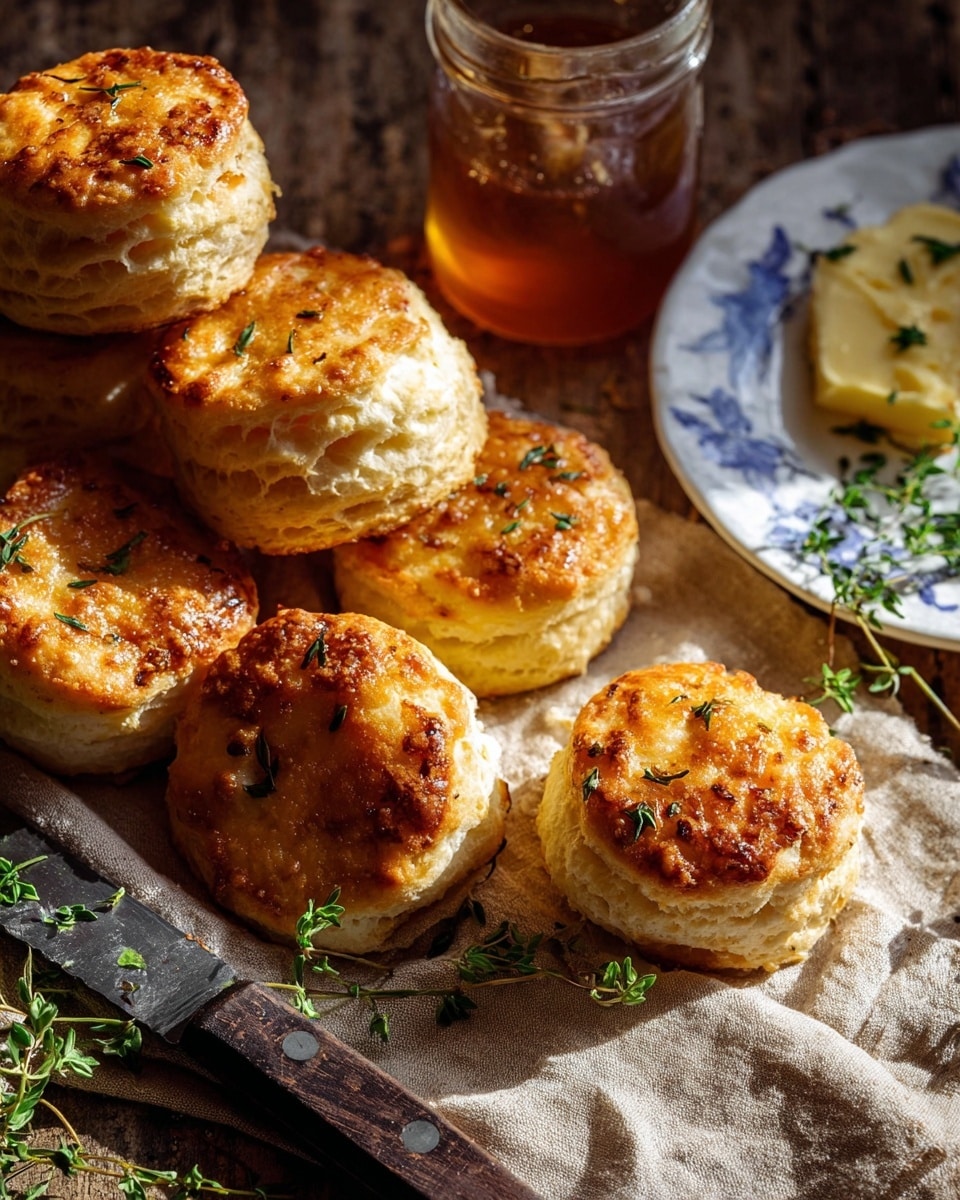 The image shows a close-up of six golden brown biscuits with slightly crispy tops and fluffy, layered sides, some sprinkled with small green herbs. They are placed on a beige cloth napkin and a rustic wooden surface, next to a glass jar filled with amber-colored syrup and a knife with some small green vegetable pieces on the blade. Part of a white plate with blue floral designs and a light yellow spread with herbs is visible on the side. The scene is lit by warm natural light. photo taken with an iphone --ar 4:5 --v 7