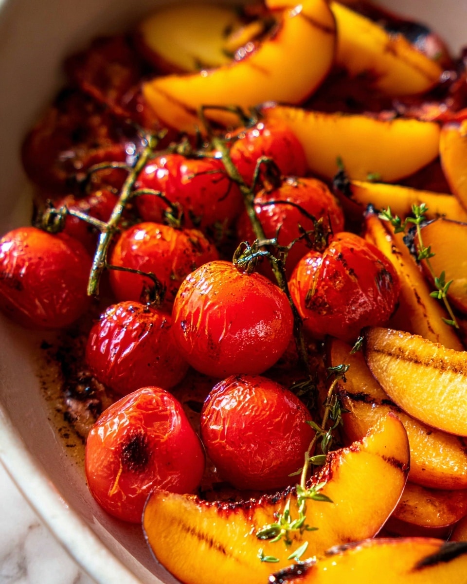 The image shows a close-up of a dish with roasted cherry tomatoes still on their green stems and several slices of grilled peaches. The tomatoes are vibrant red with wrinkled skin, giving a juicy and soft texture. The peach slices are a bright yellow-orange with dark red grill marks on the top, packed closely in the middle and edges of the white dish, with a few sprigs of fresh green thyme placed on top of some peach slices. The whole setup lies on a white marbled surface, with a warm, natural light highlighting the colors and textures. Photo taken with an iphone --ar 4:5 --v 7