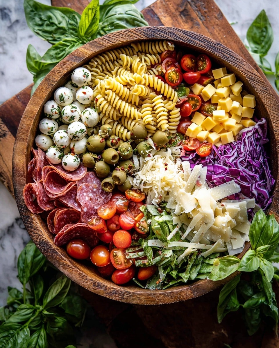 A large wooden bowl is filled with layers of food arranged in sections. Starting from the top left, there is yellow rotini pasta mixed with fresh green basil leaves. Next to it on the right is a pile of small white mozzarella balls. To the right of the mozzarella balls are bright red halved cherry tomatoes. Below the tomatoes are yellow cubed cheese and green whole olives. Moving left from the olives is a layer of chopped green lettuce, and below the lettuce are thin slices of reddish-brown salami. In the center are large chunks of pale yellow cheese shavings sprinkled with black pepper. At the bottom left are some more rotini pasta with dark red folded pepperoni slices and purple cabbage mixed with mozzarella balls. The bowl is placed on a white marbled surface. Photo taken with an iphone --ar 4:5 --v 7