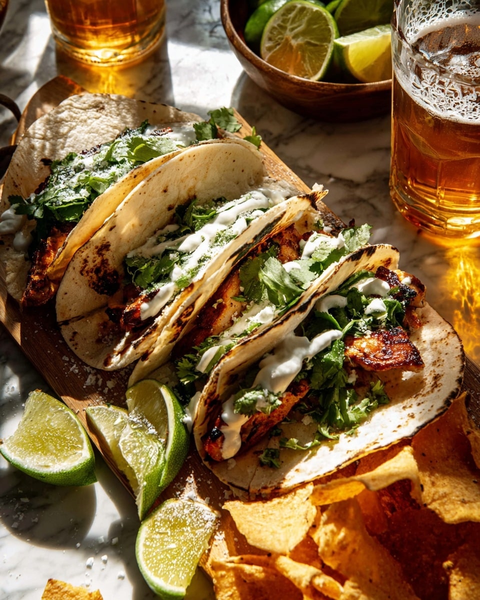 The image shows three tacos placed side by side on a wooden board. Each taco has a slightly charred, soft white tortilla as the base. Inside, there are grilled pieces of golden-brown meat topped with a thick layer of fresh green chopped cilantro and a drizzle of white creamy sauce. Around the tacos, there are several lime wedges and crispy golden tortilla chips sprinkled with coarse salt. In the background, two clear glasses filled with amber-colored beverage and a bowl with lime slices are visible on a white marbled surface. The scene is brightly lit, with strong sunlight casting natural shadows and warm highlights, creating a fresh and lively feel. photo taken with an iphone --ar 4:5 --v 7