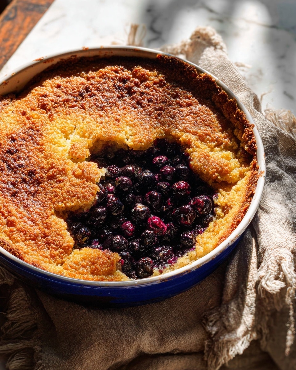 A close-up view of a round baked dessert with two layers visible: the outer layer is a golden brown, crispy crust that looks slightly rough and textured, covering most of the top surface. The inner second layer, seen through a large irregular opening in the middle, is filled with small, dark purple berries that are glossy and juicy. The dessert is placed in a blue-rimmed white baking dish resting on a beige cloth on a white marbled surface. Soft natural light casts shadows and highlights the texture of the crust and berries. Photo taken with an iphone --ar 4:5 --v 7