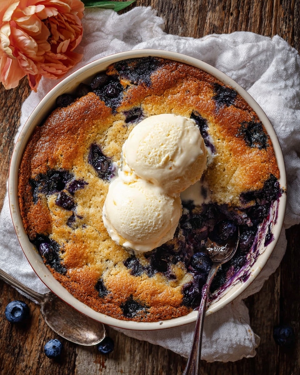 A round baked dessert in a white plate with a blue rim, showing a golden brown top layer with a crispy texture and dark spots where blueberries peek through, topped with two melting scoops of creamy vanilla ice cream in the center. The plate rests on a beige cloth with blue edges, placed on a dark wooden table. Nearby, there are scattered blueberries and a red-orange flower with green leaves. The background is a white marbled texture. photo taken with an iphone --ar 4:5 --v 7