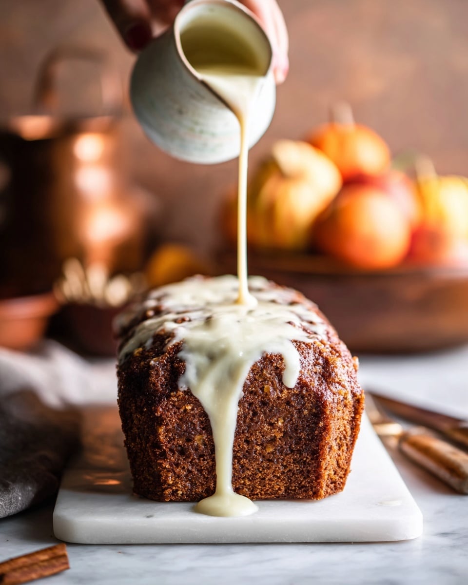 A single-layer, dark brown bundt cake with a rough, textured top is placed on a white marbled surface. Creamy white sauce is being poured over the cake from above by a woman's hand holding a small white pitcher, with the sauce slowly dripping down the sides and pooling at the base. In the background, soft-focus elements include a wooden bowl with pumpkins and apples, and brass kitchen items, creating a warm and cozy atmosphere. photo taken with an iphone --ar 4:5 --v 7