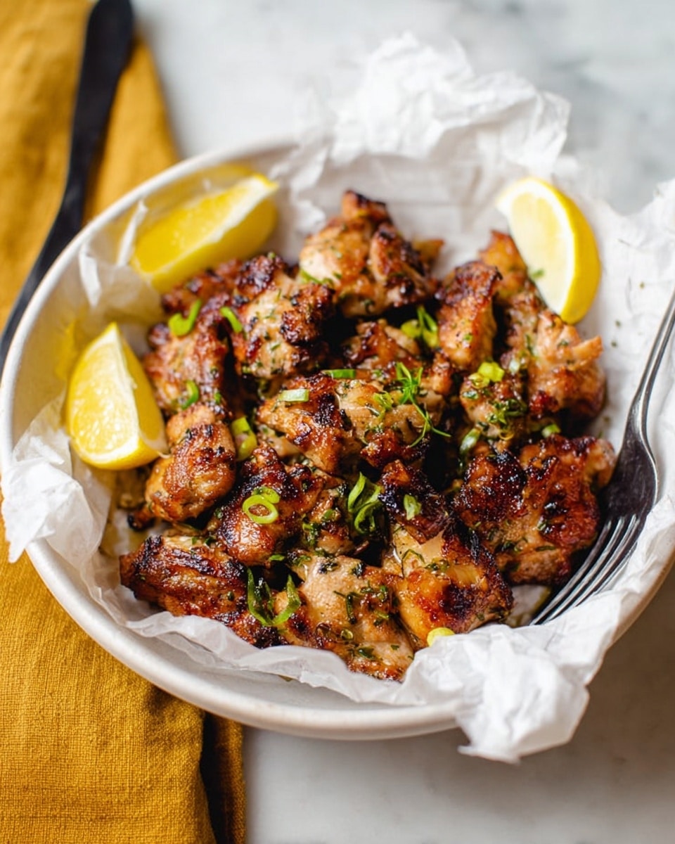 A white bowl lined with crumpled white parchment paper holds small browned pieces of grilled chicken layered unevenly, each piece showing a crispy texture with charred edges and sprinkled green herbs. There are small chopped green onion pieces scattered over the chicken. In the background inside the bowl, three lemon wedges with a bright yellow rind and pale juicy flesh rest against the chicken. The bowl sits on a white marbled surface, and a black utensil handle is visible on the left side of the bowl near a folded mustard-yellow cloth. Photo taken with an iphone --ar 4:5 --v 7