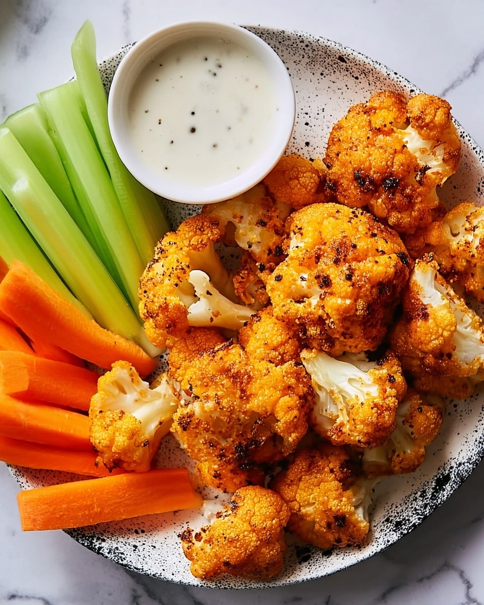 The image shows seven golden brown fried cauliflower pieces arranged in a round black air fryer basket, with some crispy edges and a textured crunchy surface. The cauliflower pieces are spread evenly, showing white stems at the bottom with the fried coating covering the tops and sides, while part of the air fryer lid is partially open on the right side revealing a reflective dark surface. The background is a white marbled texture. photo taken with an iphone --ar 4:5 --v 7