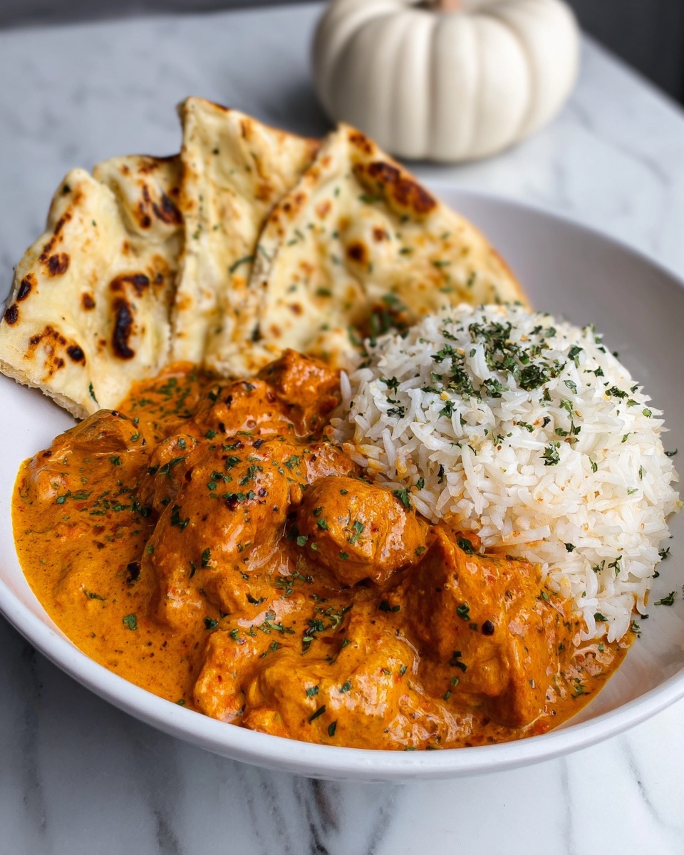 A white bowl holds three main layers: at the back, folded pieces of golden-brown naan bread with toasted spots; in the middle, a mound of fluffy white rice sprinkled lightly with chopped green herbs; and in the front, chunky pieces of chicken covered in a thick, smooth, orange curry sauce with green herb bits and visible black pepper flakes. The bowl is set on a white marbled surface with a white pumpkin-shaped decoration blurred in the background, photo taken with an iphone --ar 4:5 --v 7