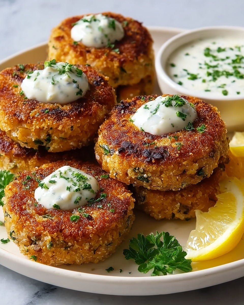 The dish shows seven round golden-brown patties with a slightly rough texture, each topped with a small dollop of white sauce and sprinkled with finely chopped green herbs. The patties are stacked unevenly on a white plate, with two lemon wedges placed at the back. To the right side of the plate, there is a small bowl filled with more white sauce also sprinkled with green herbs. The background surface is a white marbled texture. photo taken with an iphone --ar 4:5 --v 7