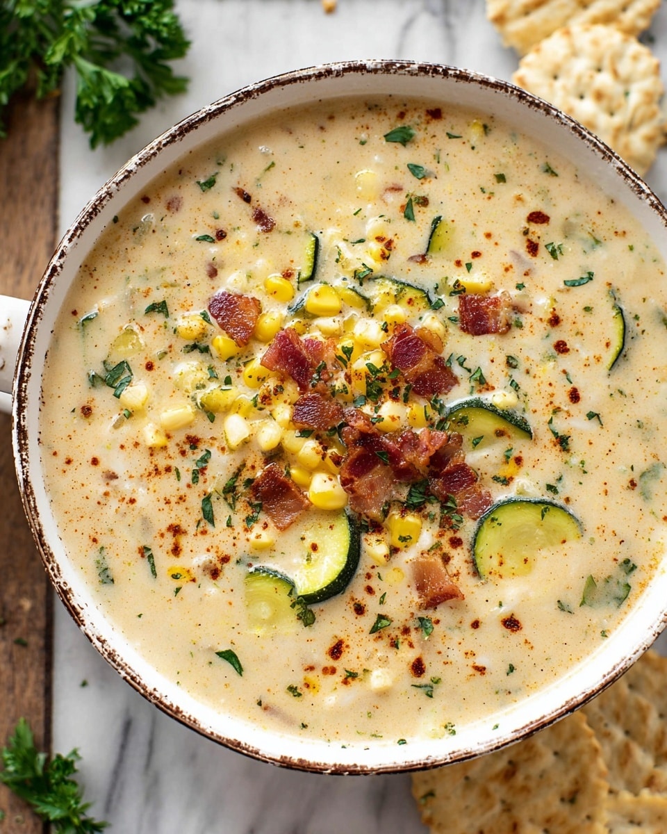 The image shows a white bowl filled with creamy soup that has small chunks of yellow corn, green zucchini slices, and bits of cooked bacon scattered on top. The soup has a light beige color with a smooth texture, speckled with green herbs and a little red spice sprinkled around the top. The bowl sits on a white marbled surface with a few green parsley leaves and light-colored crackers nearby. The bowl edges are rustic with a slightly worn brown pattern. Photo taken with an iphone --ar 4:5 --v 7