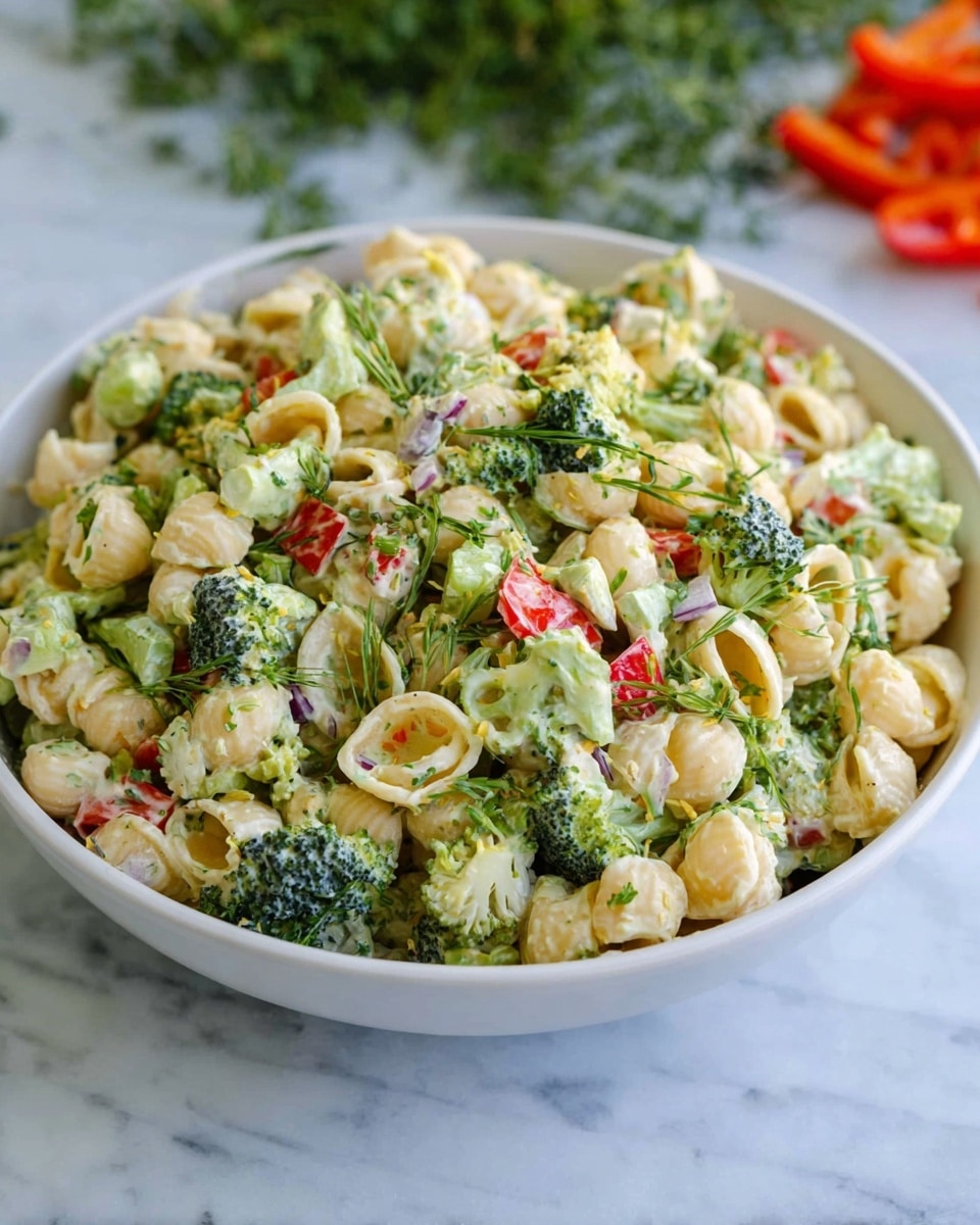 This image shows a close-up of a creamy pasta salad in a white bowl on a white marbled surface. The salad has curly pasta shells coated in a light creamy dressing, mixed with green broccoli pieces, chopped red bell peppers, small bits of celery, and fresh green dill sprigs. The pasta is the base layer with the veggies mixed evenly throughout, giving a mix of creamy white, bright green, and red colors, with specks of fresh herbs on top. photo taken with an iphone --ar 4:5 --v 7