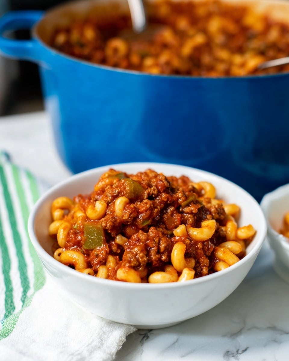 A white bowl filled with three main layers is shown up close; the bottom layer is elbow macaroni pasta with a smooth, pale yellow surface, the middle layer consists of ground beef and chopped green peppers mixed with a rich, thick, dark red tomato sauce that coats the pasta and meat evenly, and the top layer is the same meat and sauce mixture piled slightly higher in the middle, creating a textured, hearty appearance; the bowl sits on a white marbled surface with a white and green striped cloth underneath, and behind it, a large blue pot with more of the same pasta dish inside is partially visible with a spoon sticking out. Photo taken with an iphone --ar 4:5 --v 7