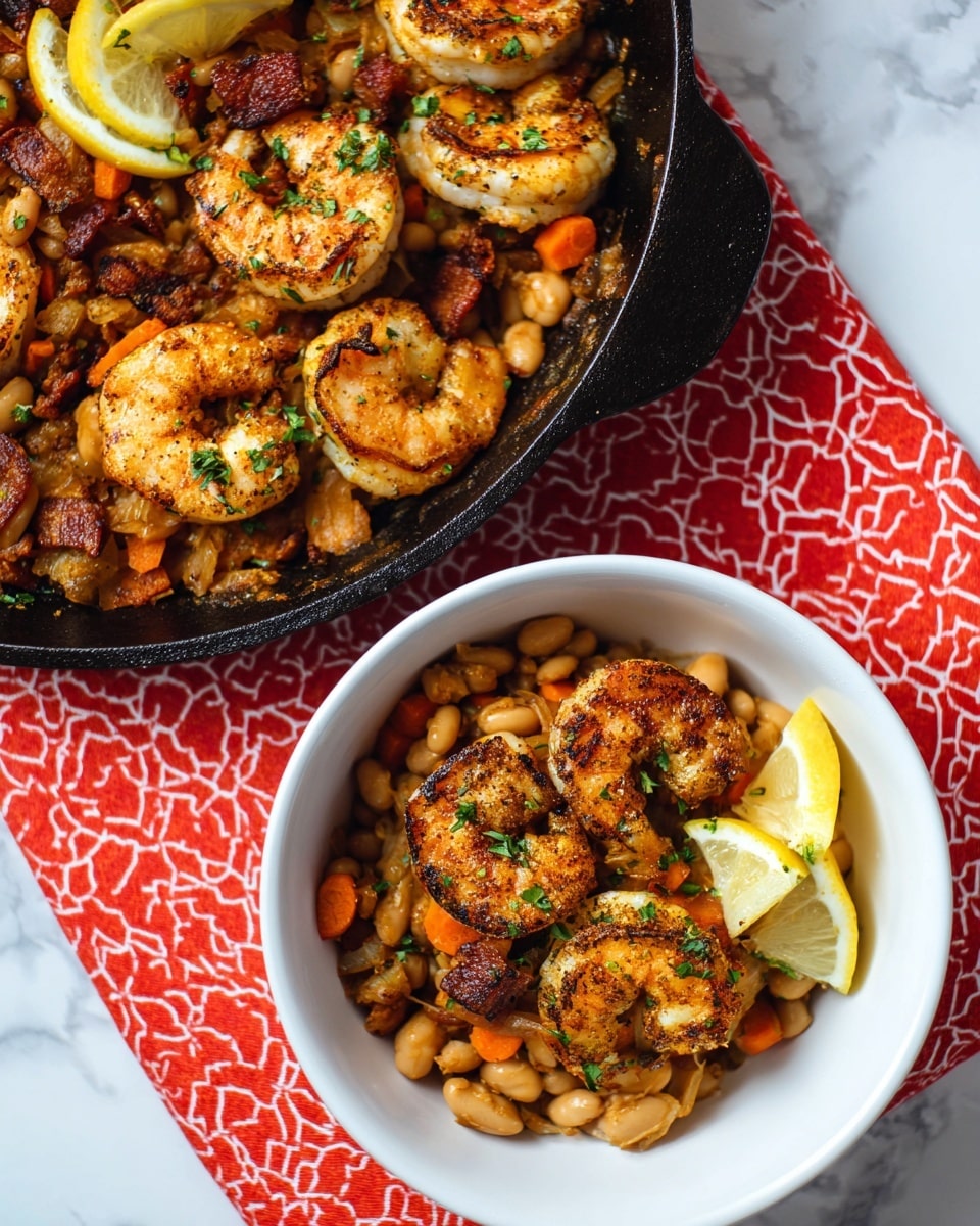 The image shows a white bowl and a black cast iron pan on a red cloth with a white geometric pattern, all placed on a white marbled surface. Inside both the bowl and the pan, there are three main layers: the bottom layer has light brown cooked beans mixed with orange carrot slices and bits of translucent onions, the middle layer contains browned, crispy pieces of bacon, and the top layer features seared shrimp with a golden-brown crust sprinkled with small green herb pieces. The pan also has two lemon wedges on top of the shrimp. The food looks warm and well-seasoned. photo taken with an iphone --ar 4:5 --v 7