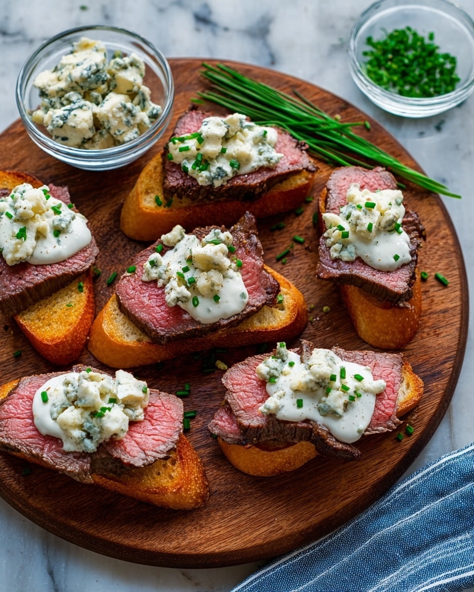 Six pieces of toasted baguette sit on a round wooden board on a white marbled surface. Each toasted baguette slice has one layer of medium-rare roasted beef with a pink center and a browned crust. On top of the beef, there is a thick layer of white creamy sauce, sprinkled with small chunks of pale blue cheese and finely chopped green chives. A glass bowl with blue cheese chunks and a small bunch of fresh green chives rest beside the wooden board. A corner of a blue and white striped cloth is visible under the board. photo taken with an iphone --ar 4:5 --v 7