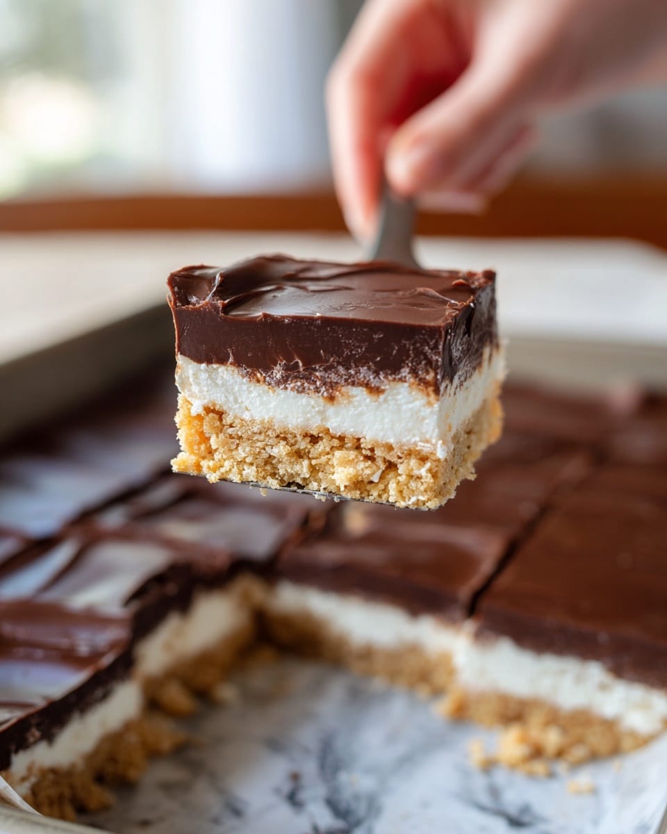 A close-up image shows a square dessert slice held by a woman's hand with a utensil. The dessert has three distinct layers: the bottom layer is a rough-textured, golden crumbly base, the middle layer is a thin smooth white cream, and the top layer is a thick, rich, glossy dark brown chocolate coating. The dessert piece is lifted above a baking tray filled with more of the same treat, sliced into square pieces, with a white marbled texture visible beneath the tray. The background is softly blurred, focusing on the dessert slice. photo taken with an iphone --ar 4:5 --v 7