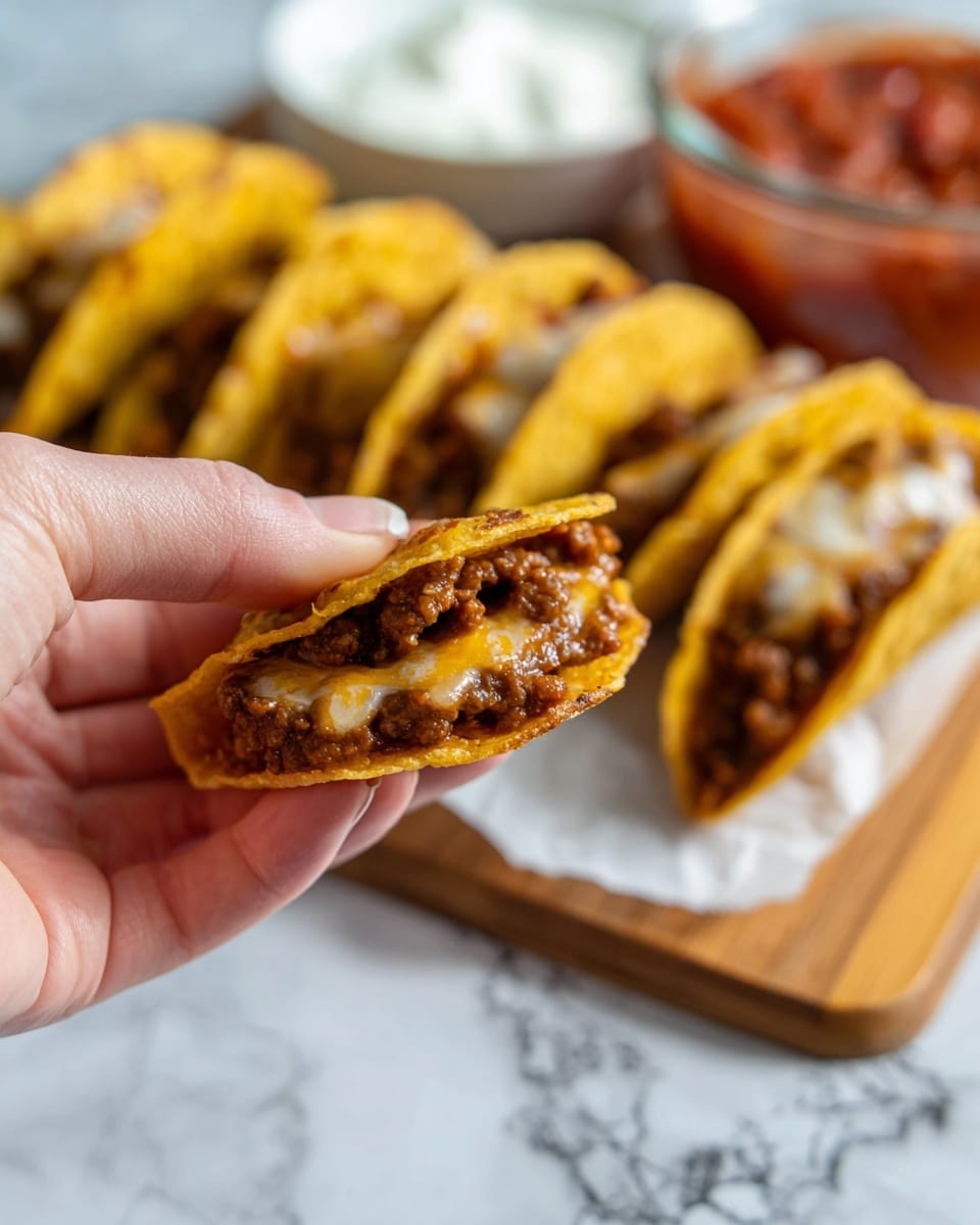 A close-up of a small taco held by a woman's hand, showing three layers: a yellow corn taco shell, a thick layer of browned ground meat filling, and melted cheese on top with a slightly shiny texture; in the blurred background, more small filled tacos lay on white paper on a wooden board, with a white bowl of sour cream and a clear container of chunky red salsa behind them, all set on a white marbled surface. Photo taken with an iphone --ar 4:5 --v 7