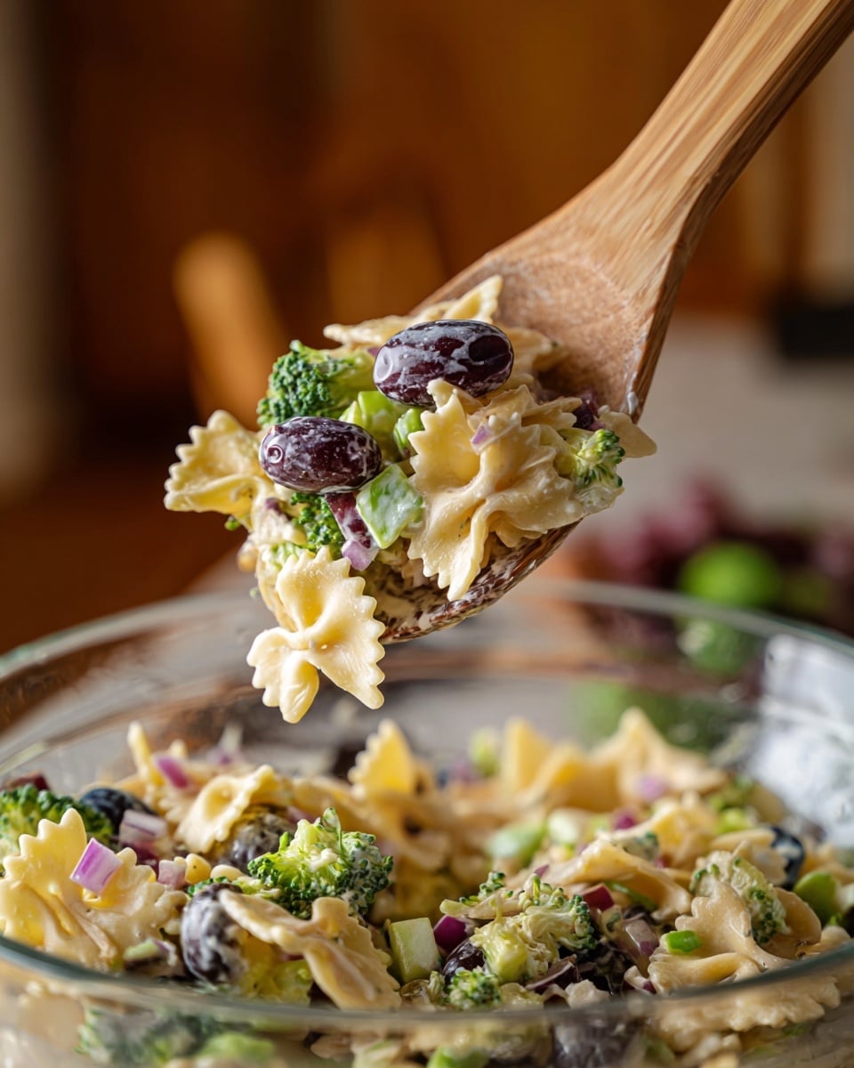 This image shows a close-up of wooden salad tossers lifting a scoop of colorful pasta salad above a glass bowl. The pasta is light yellow farfalle, mixed with small green broccoli pieces, dark purple grapes, light green celery bits, creamy white dressing, and small pieces of purple onion scattered throughout. The background is softly blurred showing a warm brown indoor setting. The bowl sits on a white marbled surface. photo taken with an iphone --ar 4:5 --v 7