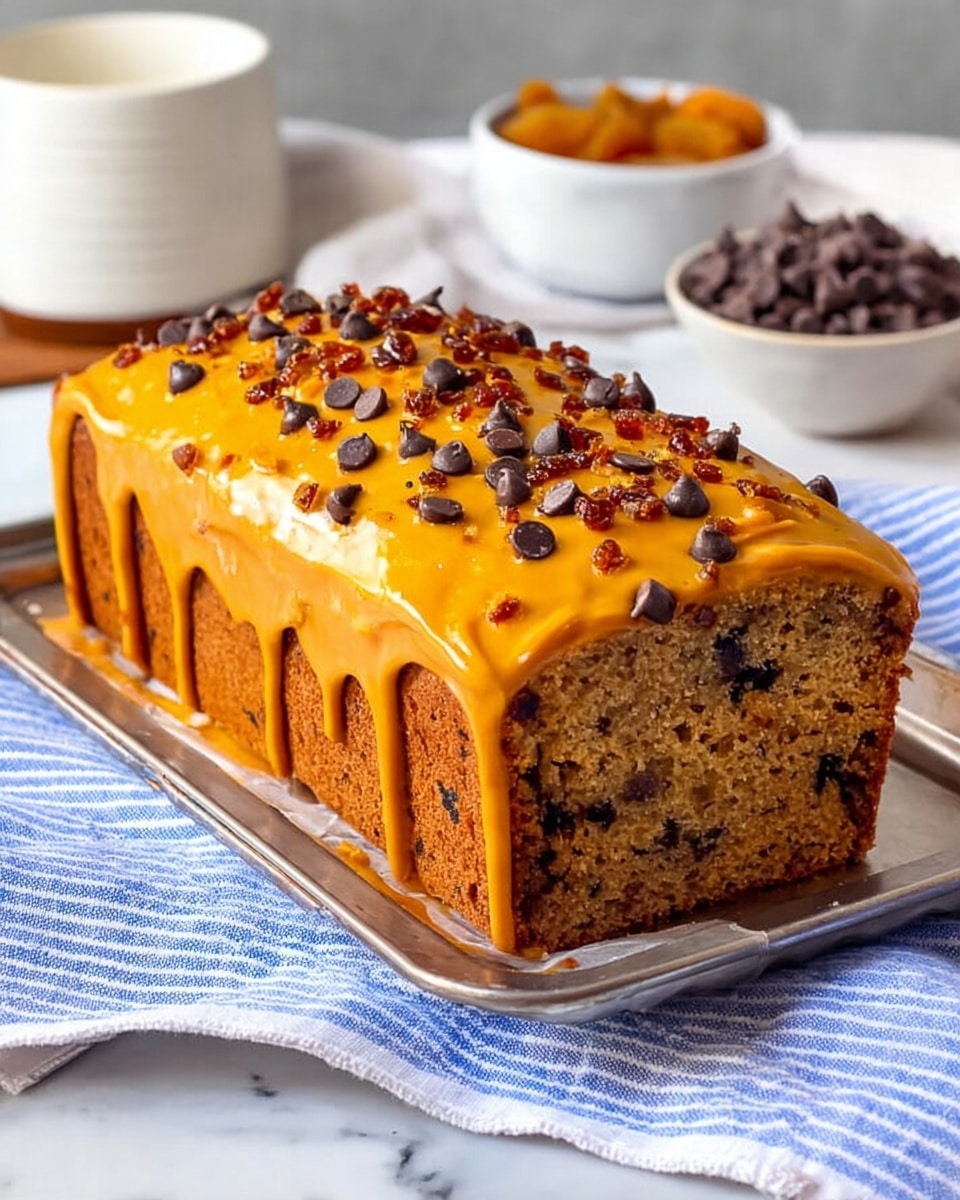 The image shows a loaf cake with one layer, positioned on a silver tray, placed on a white marbled surface covered in a blue-striped cloth. The cake is golden brown with small dark bits inside, and it has a thick, smooth, orange frosting layer on top that drips slightly down the side. The frosting is decorated with small dark chocolate chips and pieces of dried fruit evenly spread across the top. Behind the cake, there is a white bowl with some dried fruit, and in front, there is a white bowl filled with dark chocolate chips. Photo taken with an iphone --ar 4:5 --v 7