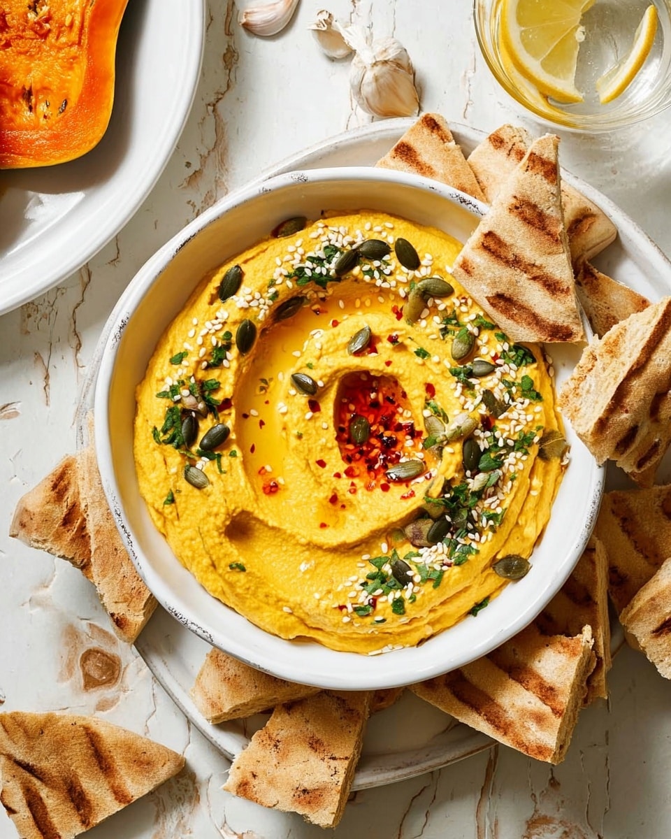 A close-up of a white plate filled with a thick layer of bright yellow hummus spread evenly with soft peaks and swirls. The hummus is topped with a drizzle of red-orange oil or sauce creating a glossy texture in the center. Scattered over the top are white sesame seeds, green chopped herbs like parsley, and a few pumpkin seeds, adding contrast and texture. The plate sits on a white marbled surface with a piece of light brown flatbread partially visible on the edge. The whole scene is well-lit and sharp. photo taken with an iphone --ar 4:5 --v 7