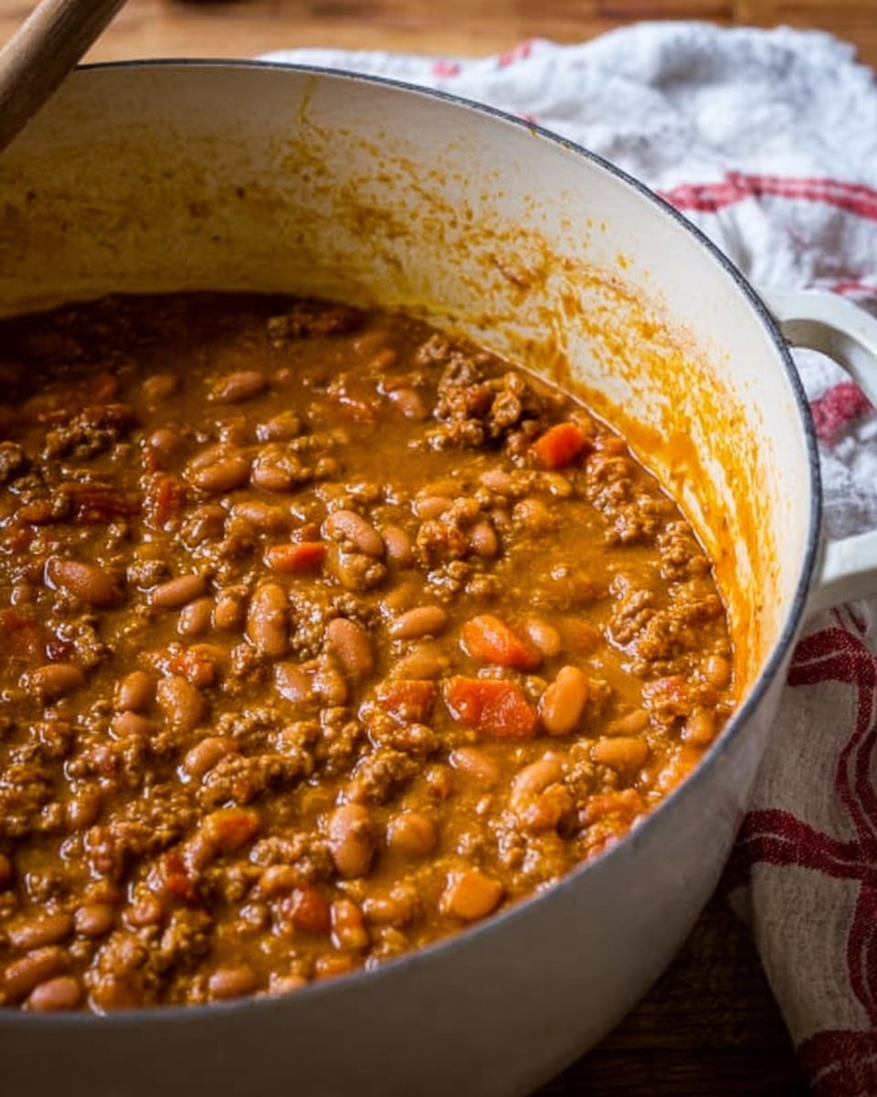 A close-up view of a large white pot filled with thick stew that has a mix of brown and orange colors with chunks of beans and small pieces of carrot evenly spread throughout. The stew has a somewhat smooth, saucy texture with visible small bits of ground meat, and it fills most of the pot. The pot is resting on a wooden surface next to a white cloth with red stripes. Photo taken with an iphone --ar 4:5 --v 7