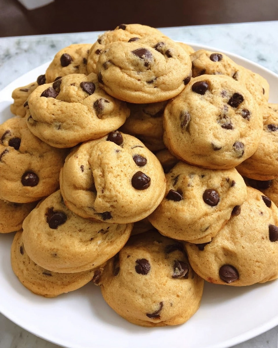 A white plate filled with many soft, round cookies piled up high. Each cookie is light golden brown with a smooth, slightly cracked surface and dotted with dark chocolate chips. The cookies are thick and look fluffy, arranged closely together on a white marbled table. photo taken with an iphone --ar 4:5 --v 7