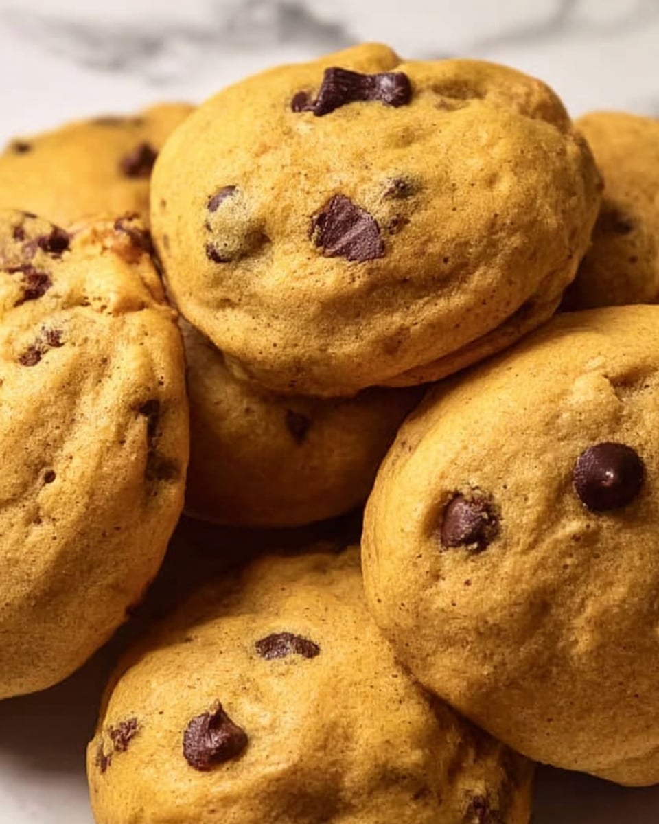A close-up view of several soft, thick cookies piled together, showing their golden-brown outer layer with small dark chocolate pieces scattered throughout. The cookies have a slightly smooth but uneven texture and rounded edges, giving a freshly baked, homemade look. The background is a white marbled surface, enhancing the warm color of the cookies. photo taken with an iphone --ar 4:5 --v 7