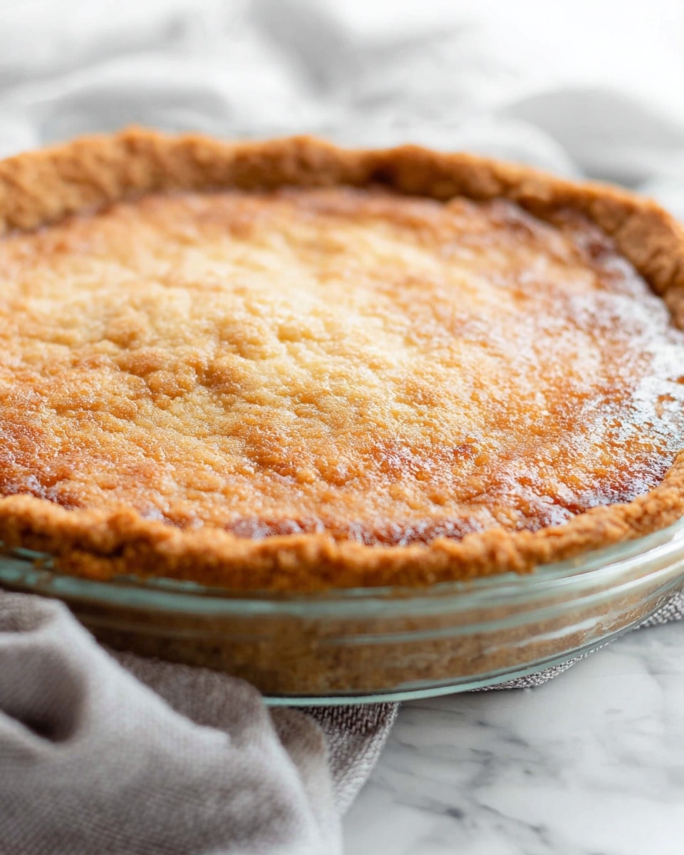 The image shows a close-up of a round pie in a clear glass pie dish. The pie has one main thick, golden brown crust layer on top with a slightly crumbly and uneven texture. The crust's surface shines gently with a few light spots hinting at a thin glaze or sugar dusting. The pie dish sits on a soft, light gray cloth, all placed on a white marbled surface. The background is blurred white fabric, giving a clean and soft feel. Photo taken with an iphone --ar 4:5 --v 7