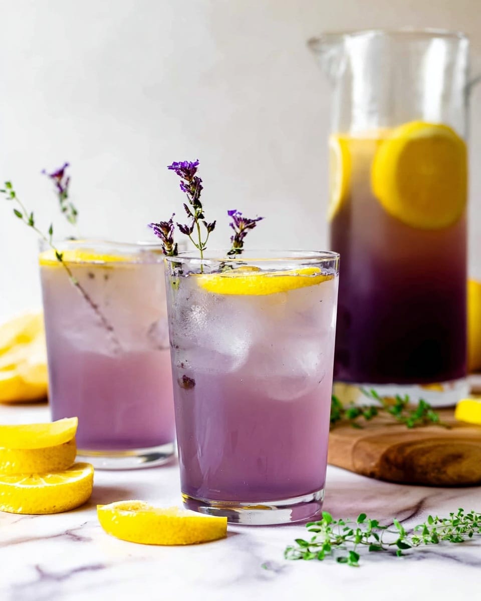 Two clear glasses filled with a light purple drink sit on a white marbled surface. Each glass has a thin layer of ice inside, giving the drink a cold and refreshing look. On top of the purple drink, a bright yellow lemon slice floats, and a small green herb sprig with purple flowers sticks out of each glass. Behind them, there is a tall clear pitcher also filled with the same purple drink and a lemon slice near the top. In front of the glasses, there are a few yellow lemon wedges and green herb leaves scattered on the white marbled surface, along with a wooden and white serving board partially visible. photo taken with an iphone --ar 4:5 --v 7