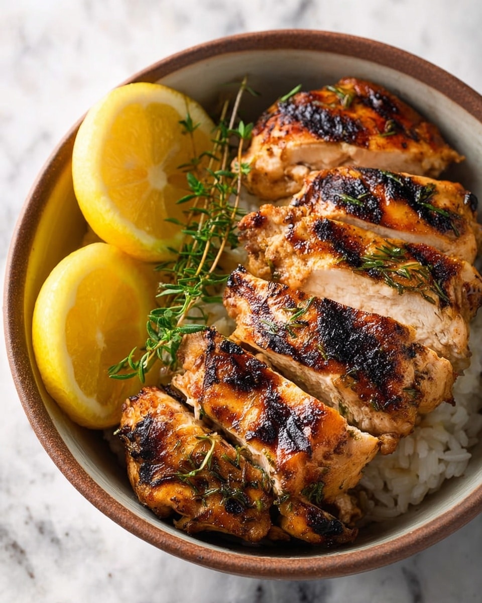 The image shows grilled chicken pieces with dark char marks and a golden brown crust, layered on a bed of white rice inside a white bowl. The chicken is sliced into thick pieces, arranged in two rows, with some fresh green herbs like thyme placed on top. On one side of the bowl, two bright yellow lemon wedges add a fresh contrast. The bowl is placed on a white marbled surface. photo taken with an iphone --ar 4:5 --v 7