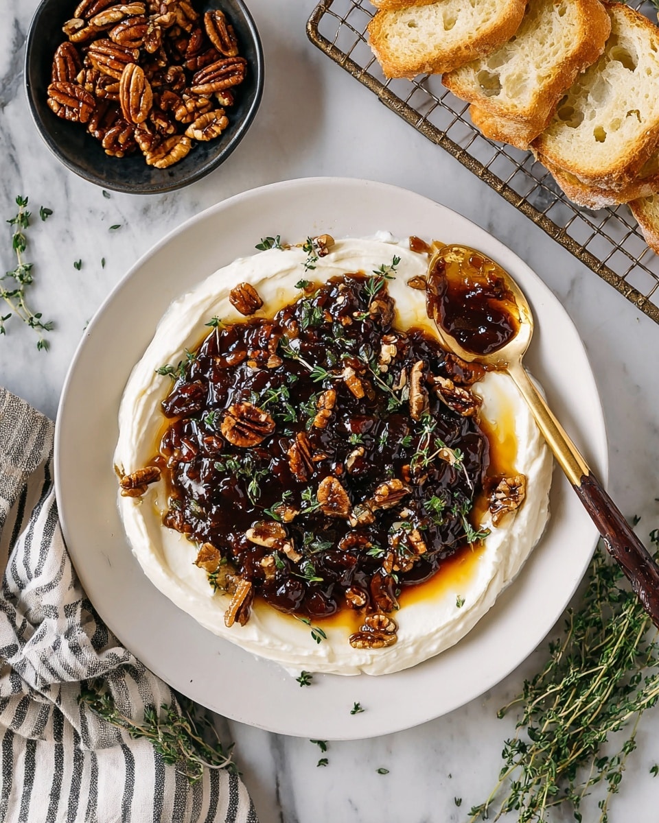 A white plate holds a dish with two main layers: the base is a thick spread of smooth, white cream cheese, creating a soft texture around the plate's edge. On top, there is a thick, shiny dark brown sauce, jam-like in texture, covering most of the cream cheese layer. Scattered over the sauce are large pieces of light brown pecans adding a crunchy texture, along with fresh green sprigs of thyme for a pop of color. To the right side, a gold spoon with a dark handle rests on the plate, smeared with both cream cheese and sauce. In the background, toasted slices of light golden bread sit on a metal rack, and a black bowl filled with more pecans lies on the left. A striped cloth and a small bunch of fresh thyme lay beneath the plate on a white marbled surface. Photo taken with an iphone --ar 4:5 --v 7