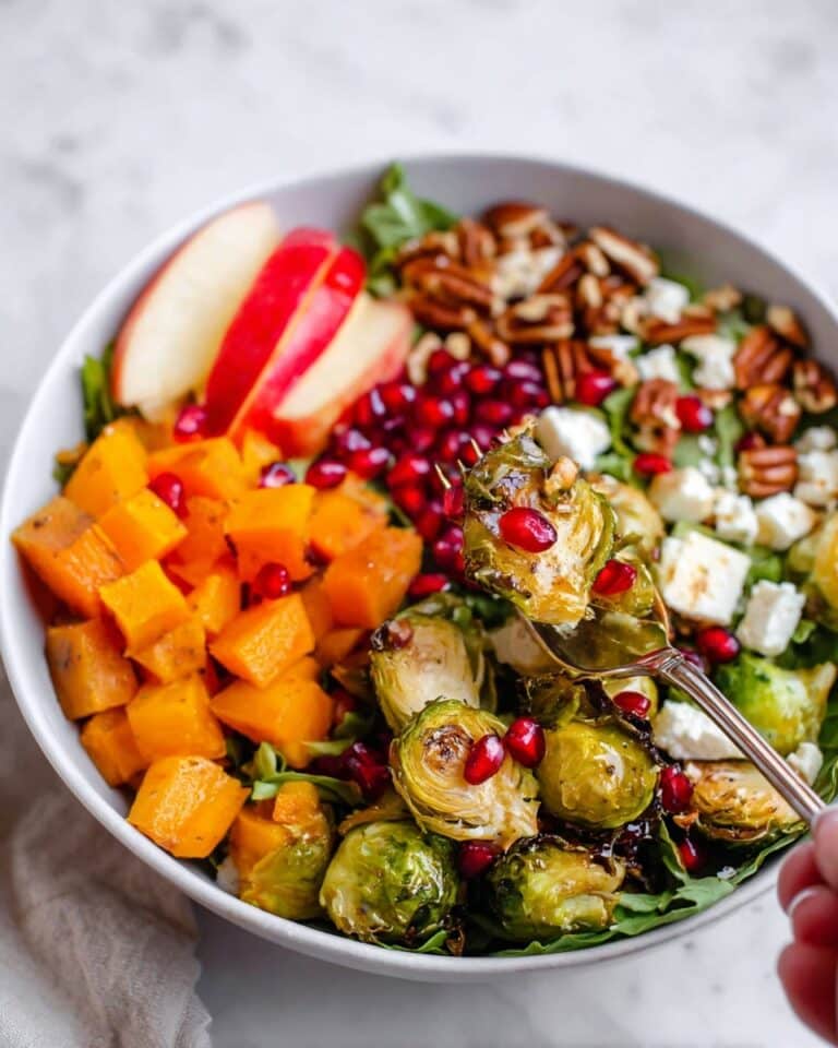 Fall Harvest Brussels Sprouts Salad with Roasted Butternut Squash, Pomegranate, and Goat’s Cheese Recipe