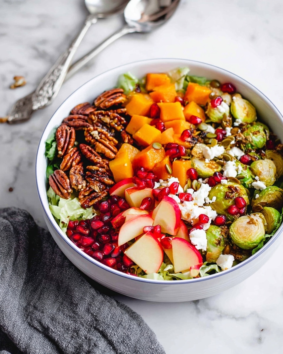 A white bowl filled with a colorful salad sits on a white marbled surface. Inside the bowl, four main layers are arranged from left to right: roasted pecans with a brown, rough texture; bright orange roasted butternut squash cubes; green roasted Brussels sprouts with some browning on the edges; and chopped red apple pieces with their skin on. Below these toppings is a bed of mixed green lettuce. Scattered over the top are white crumbled cheese and vibrant red pomegranate seeds, with some green pumpkin seeds included as well. The bowl has a thin blue rim, and a gray cloth napkin with two silver utensils rests beside it. Photo taken with an iphone --ar 4:5 --v 7