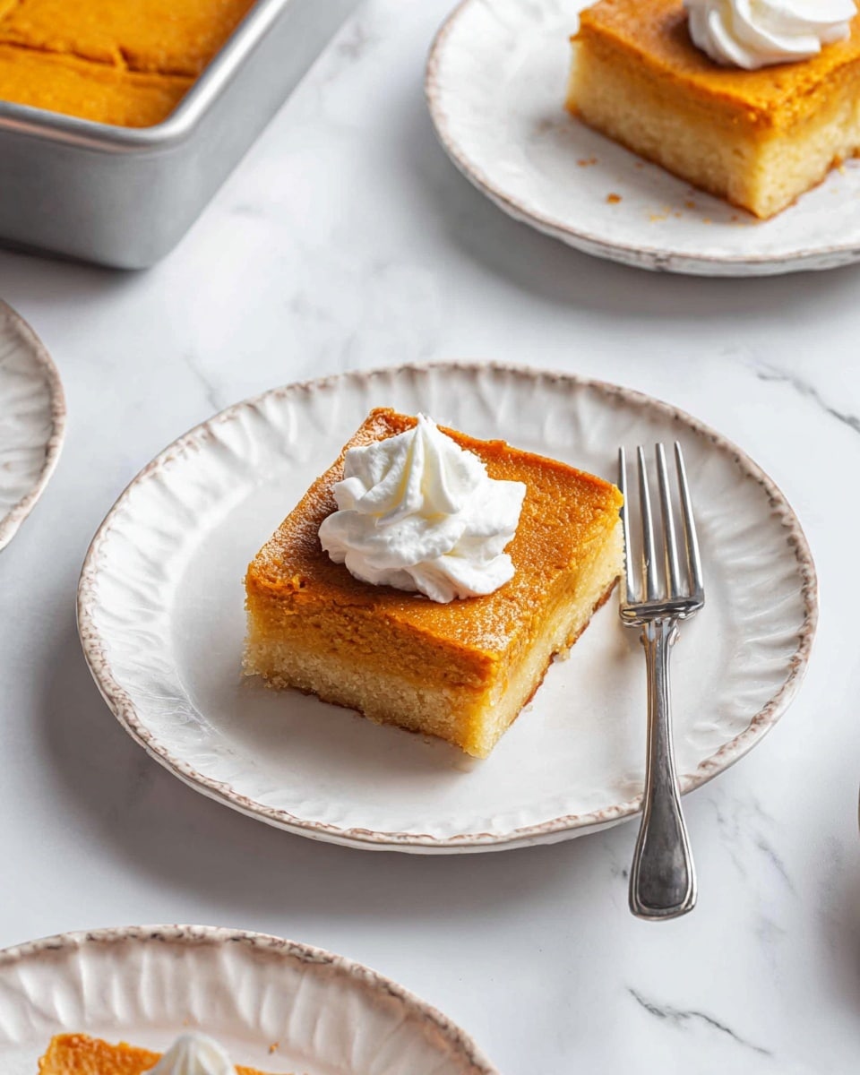 A square piece of golden-brown cake with a moist, slightly crumbly texture is placed in the center of a white plate with thin silver lines. The cake has two layers— a denser brown base and a lighter orange top layer. On top of the cake, there is a generous swirl of white whipped cream with soft peaks, creating a fluffy texture. A silver fork holds a small triangular piece of cake lifted slightly from the plate. In the background, there are two more white plates each with a similar square slice of cake, all placed on a white marbled surface. Photo taken with an iphone --ar 4:5 --v 7
