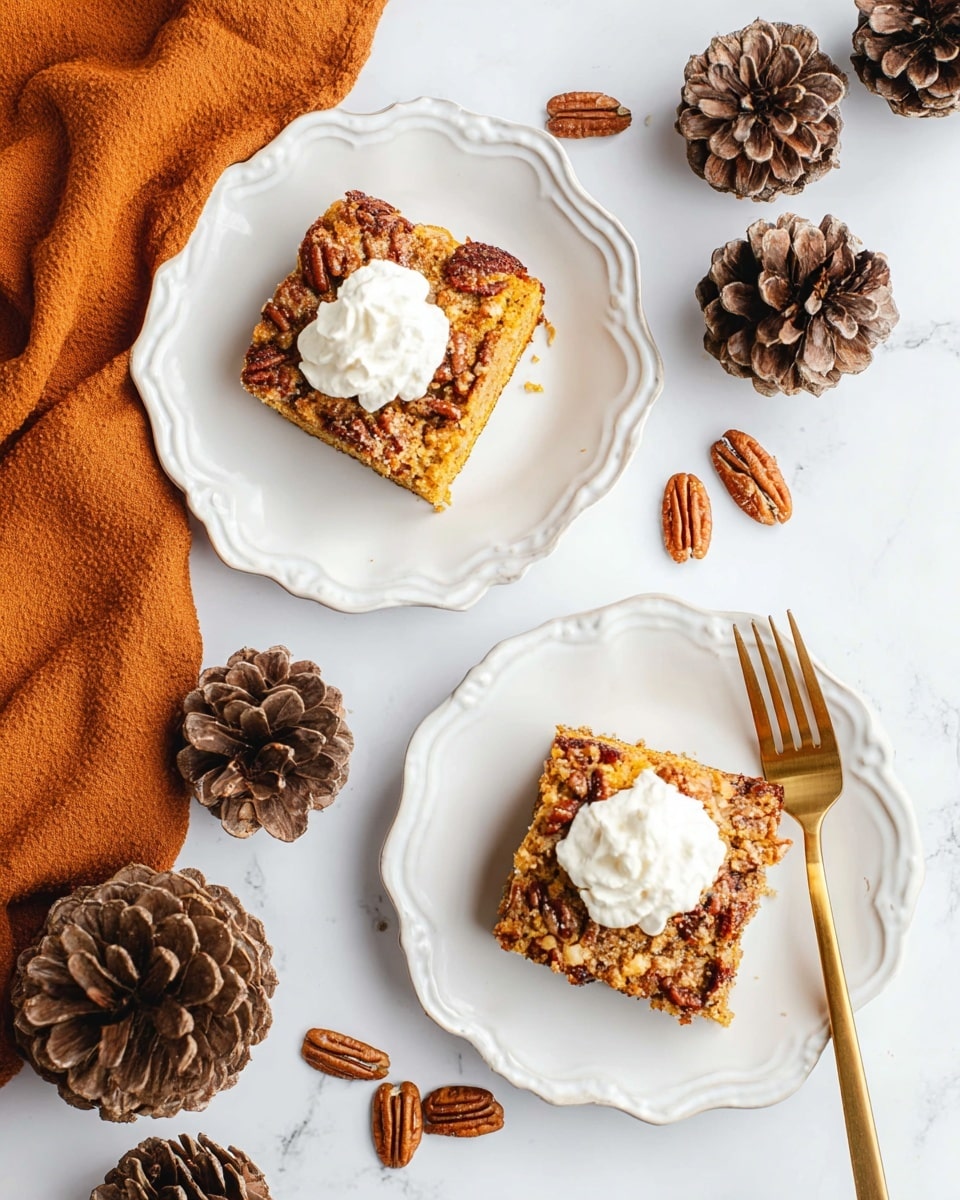 Two square pieces of crumbly pecan cake with a golden-brown top layer scattered with pecan pieces sit on white scalloped-edge plates. Each piece has a dollop of white whipped cream on top. One plate holds a gold fork on the right side. The background is a white marbled surface with scattered pecan halves and three large brown pine cones near the top right. An orange cloth lies softly folded in the bottom left corner. photo taken with an iphone --ar 4:5 --v 7