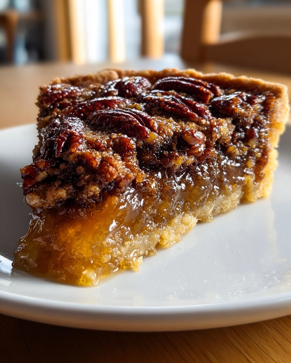 A close-up of a slice of pecan pie on a white plate, showing three clear layers: a crumbly, light golden crust at the bottom; a thick, sticky caramel-like filling in the middle that is a rich amber color and oozes slightly onto the plate; and a top layer of glossy, dark brown pecan halves arranged closely together with a shiny glaze. The background shows a soft, warm indoor setting blurred out with natural light. The plate sits on a wooden surface changed to a white marbled texture. photo taken with an iphone --ar 4:5 --v 7