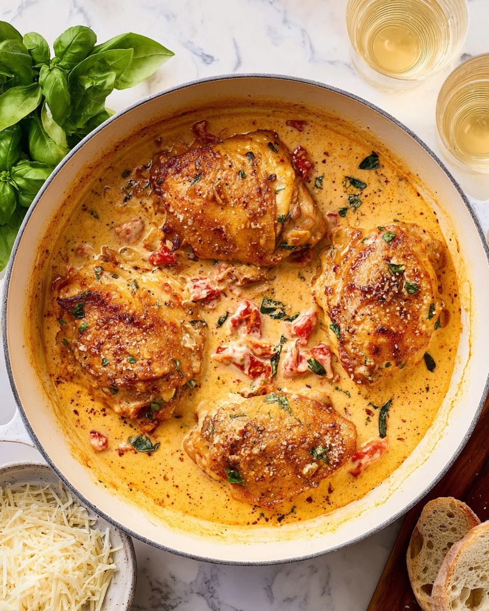 The image shows four golden-brown cooked chicken pieces in a white pan, covered with a creamy orange sauce. The sauce has visible small red tomato pieces and chopped green herbs mixed in, adding texture and color contrast. The chicken pieces are partially submerged in the thick sauce, with the surface showing some char marks and pepper seasoning. The background and surface around the pan are white marbled texture. photo taken with an iphone --ar 4:5 --v 7
