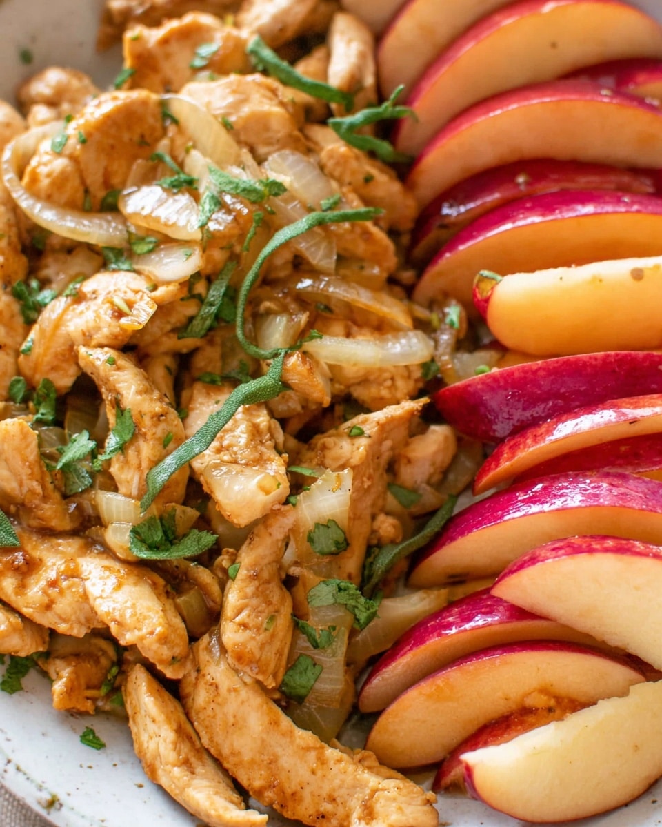 The image shows a close-up of a white plate filled with two main layers: on the left side, golden brown strips of cooked chicken mixed with lightly sautéed onions and garnished with chopped green herbs; on the right side, slices of bright red apples, soft and coated with a light shine, possibly from some seasoning or cooking, both layers arranged closely together with a white marbled surface underneath. Photo taken with an iphone --ar 4:5 --v 7