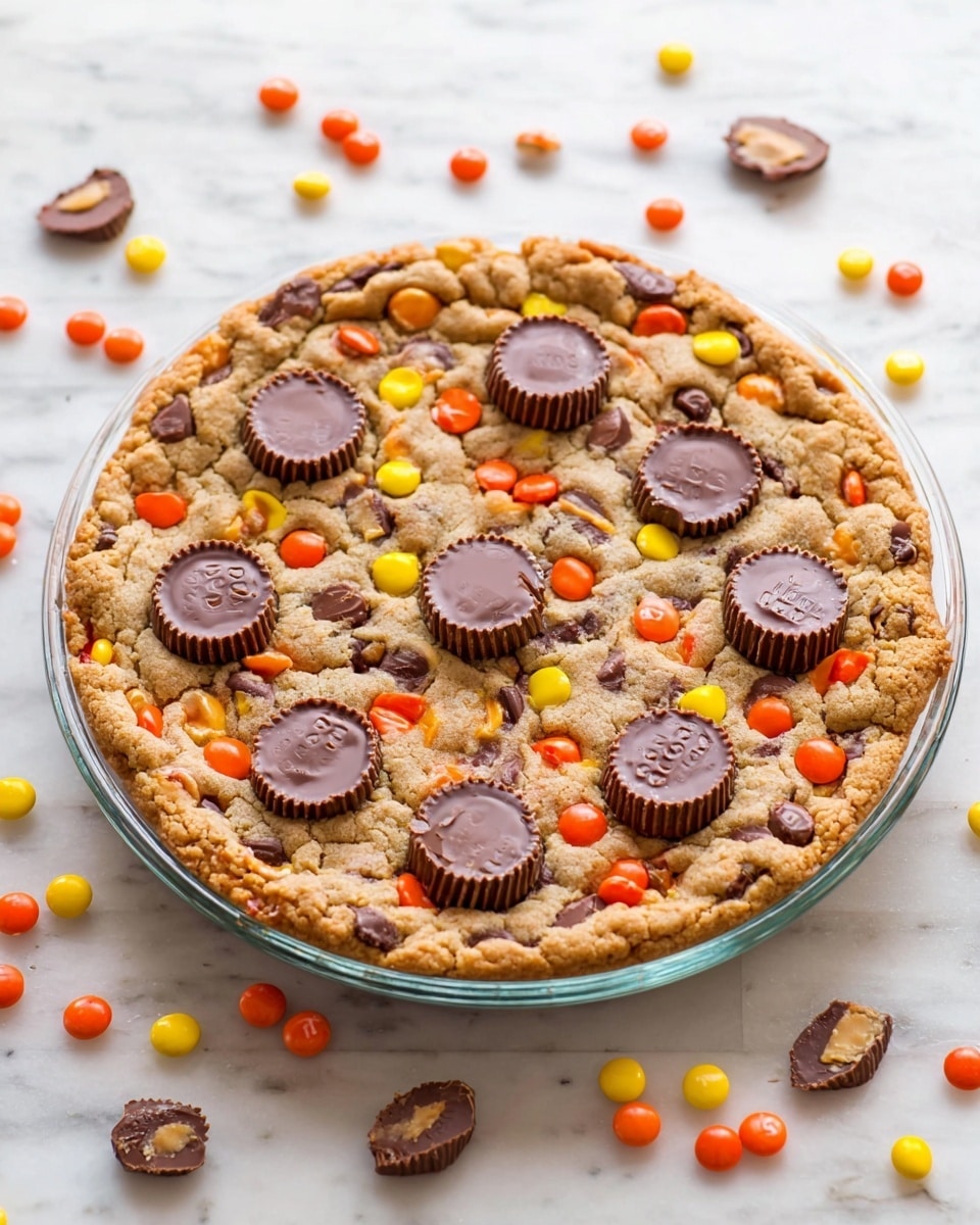 A large round cookie pie with a golden brown baked surface, dotted with colorful candy pieces in orange, yellow, and brown scattered evenly throughout. On top, there are nine large peanut butter cup chocolates placed in a circular pattern across the cookie's surface. The cookie is set inside a clear glass pie dish resting on a white marbled surface with a few additional candy pieces scattered around. The cookie looks soft and slightly crinkled with small chocolate bits baked inside. photo taken with an iphone --ar 4:5 --v 7