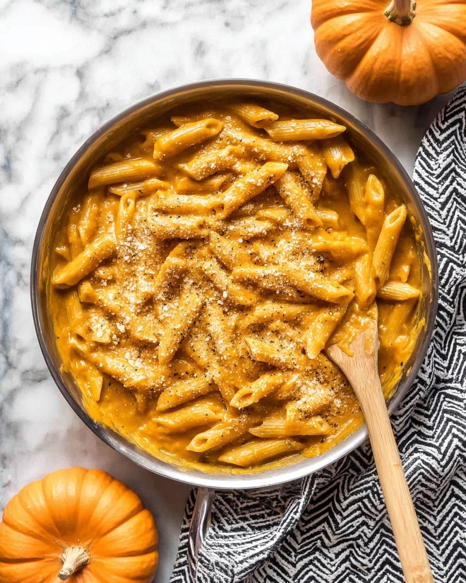 A round silver pan filled with one thick layer of penne pasta fully covered in rich orange pumpkin sauce mixed smoothly and evenly, sprinkled lightly with grated cheese and black pepper on top. A wooden spoon is placed inside the pan on the right side. The pan sits on a white and black zigzag patterned cloth, all on a white marbled surface. Two orange pumpkins are placed near the top left and bottom right corners of the image. Photo taken with an iphone --ar 4:5 --v 7